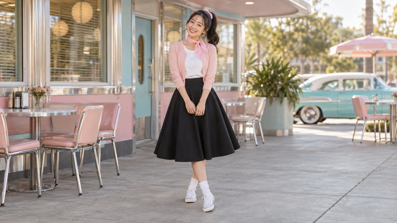 Pink and White 50s Inspired Sock Hop Costume with Flared Midi Skirt and Folded Socks